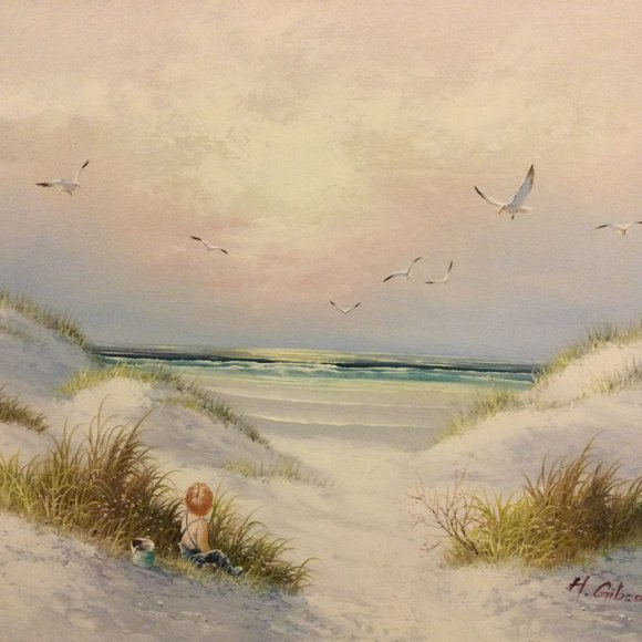 H Gibson Original art painting on canvas landscape 30" x 27" wood frame - Picture 5 of 9